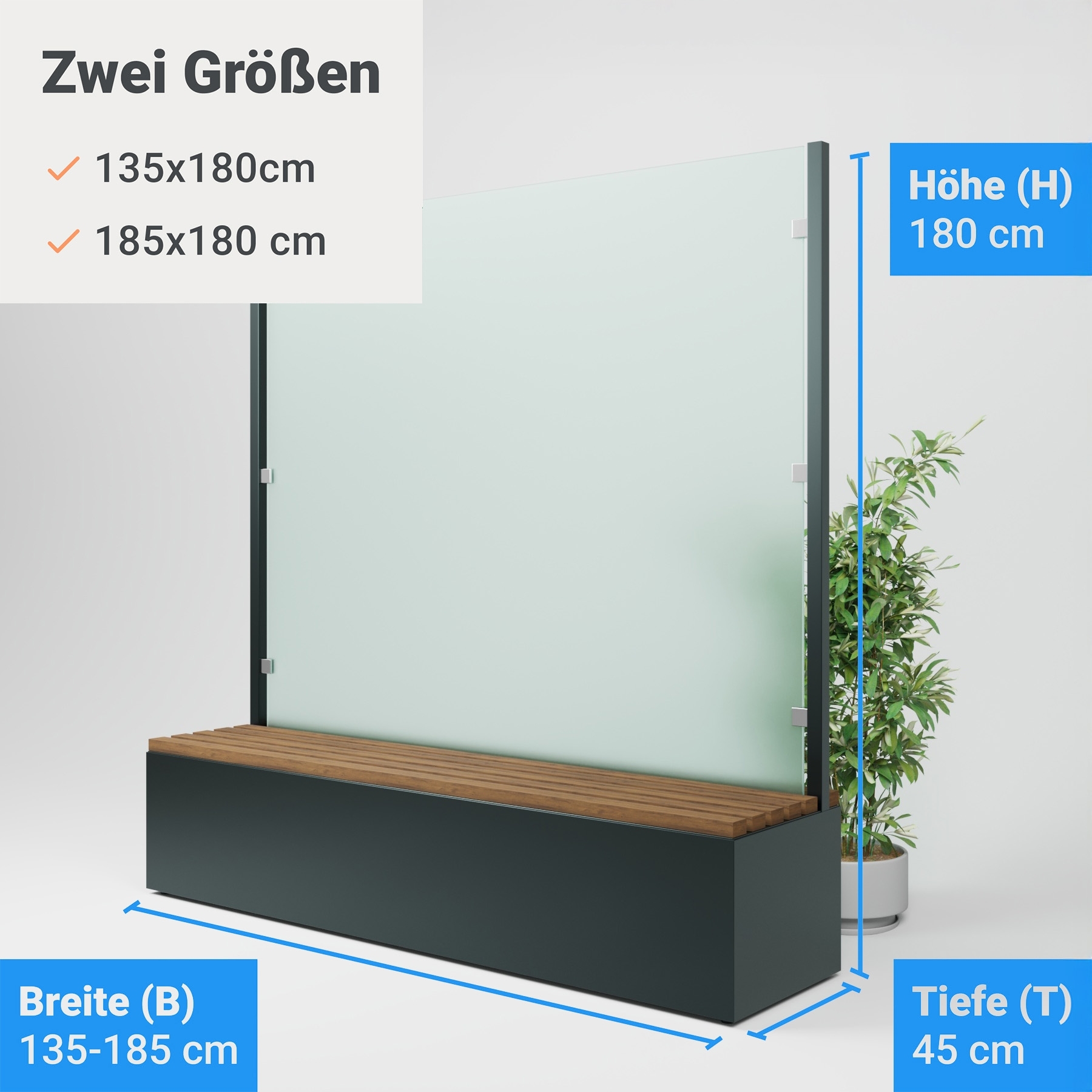 Sitzbank mit Sicht- & Windschutz | 185 cm breit | Klarglas satiniert