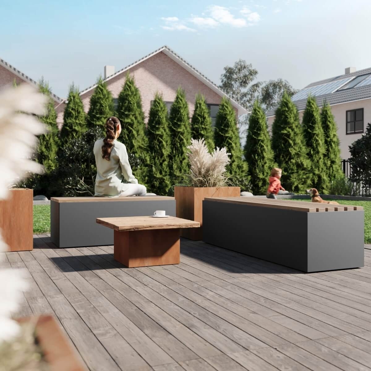 Sitzbank 135 cm breit aus beschichtetem Stahl und Holz