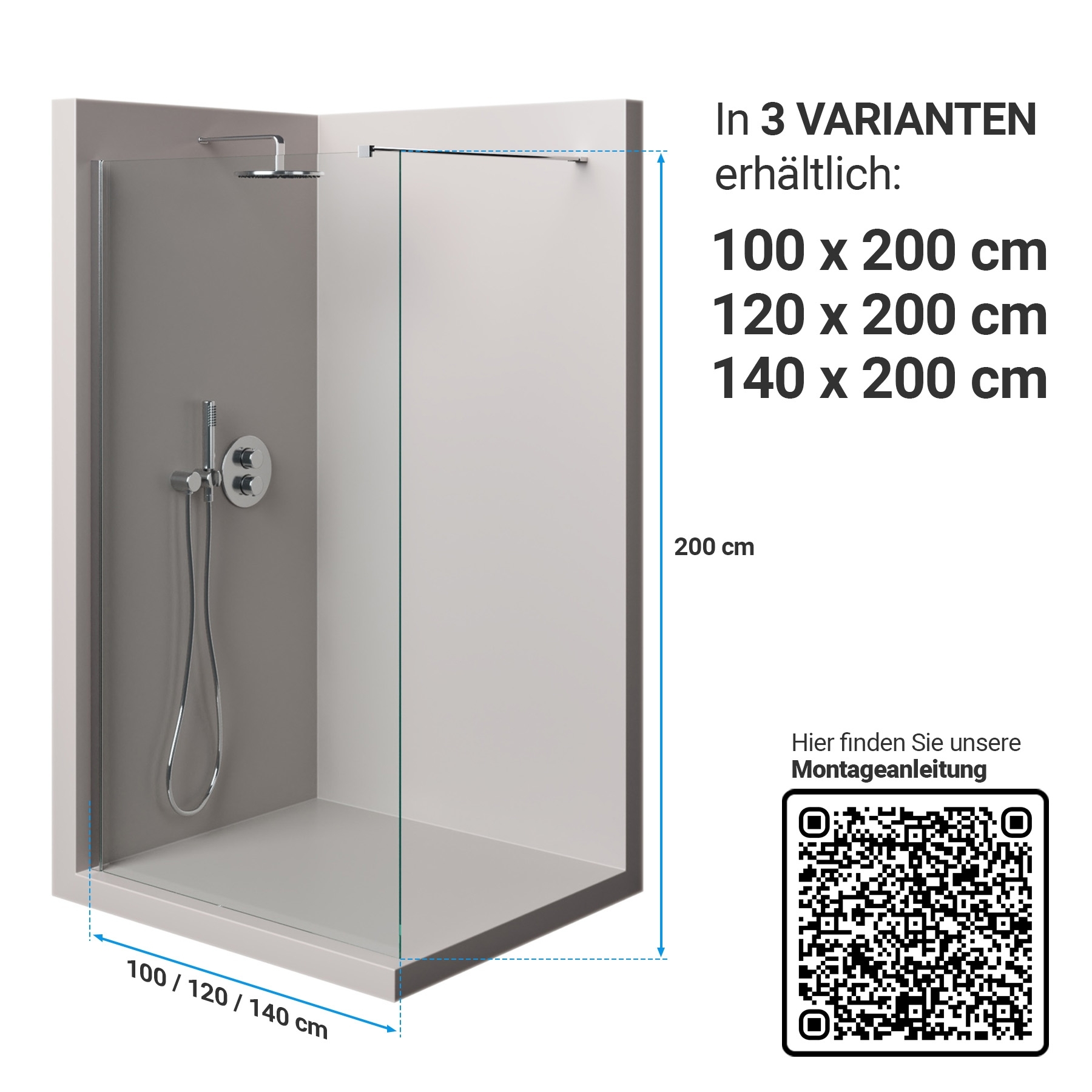 Walk-In Dusche AquaSplash | 100 cm x 200 cm | Hochglanz