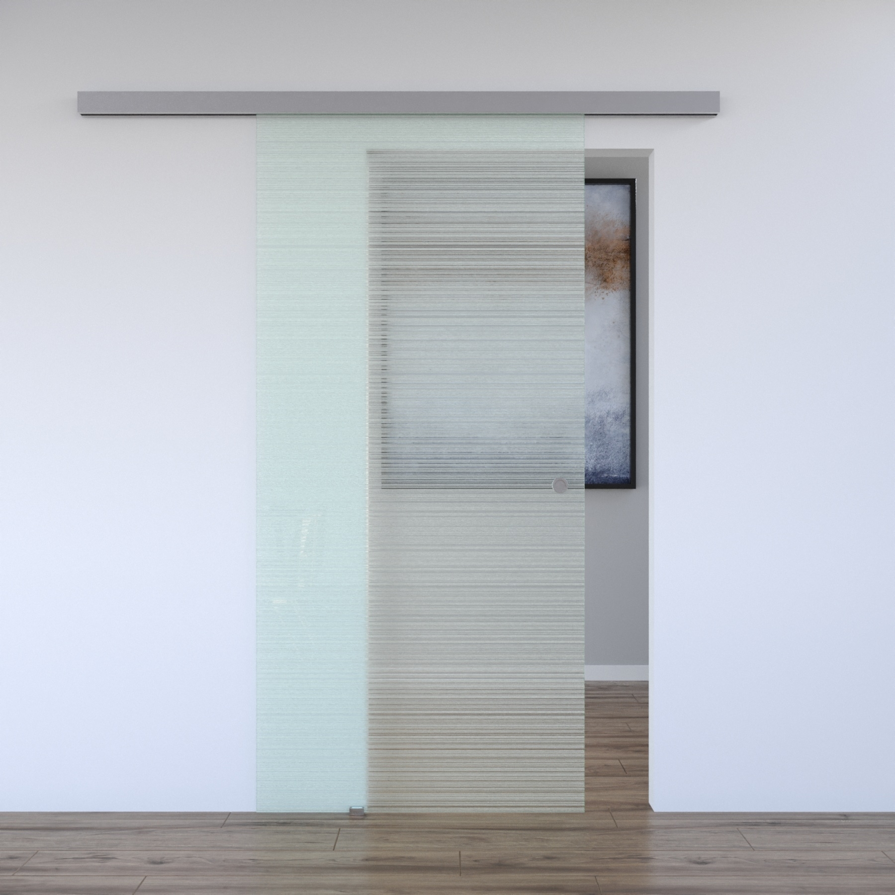 Schiebetür BASIC mit Softclose | in Edelstahloptik | 925 x 2170 mm | Komplettset mit Klarglas Muster "STRIPES DQ"