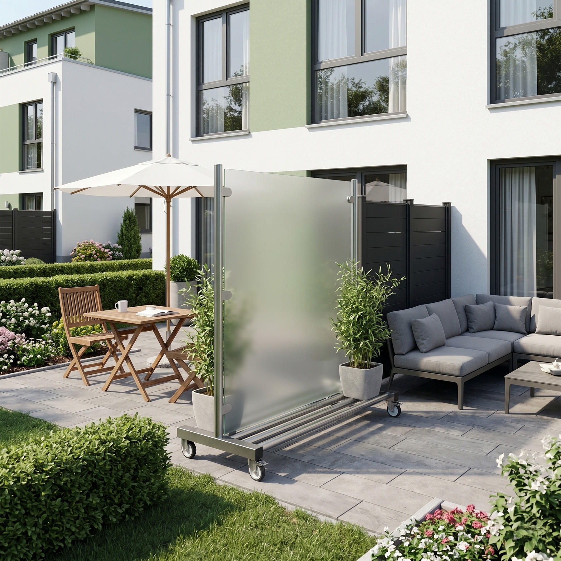 Windschutz mobil 190 cm breit mit satiniertem Glas