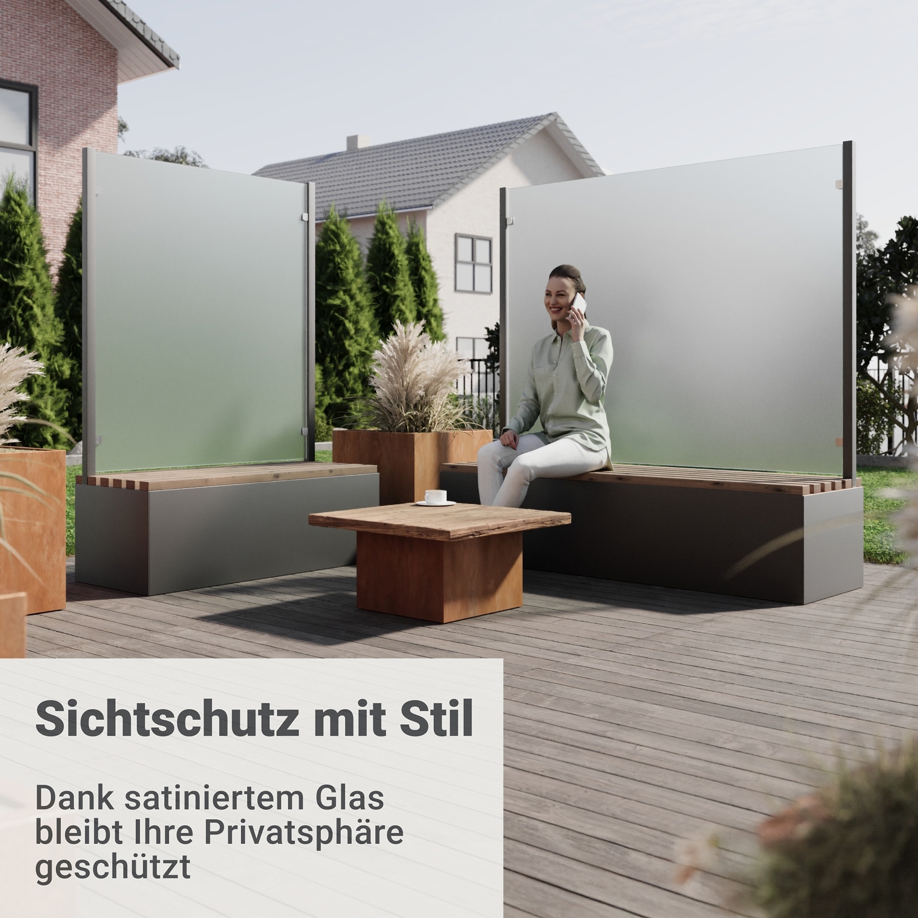 Sitzbank mit Sicht- & Windschutz | 185 cm breit | Klarglas satiniert