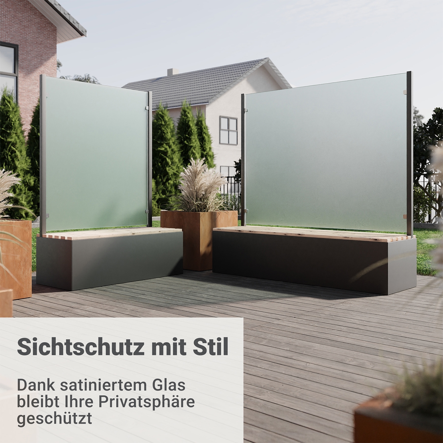 Sitzbank mit Sicht- & Windschutz | 185 cm breit | Klarglas satiniert
