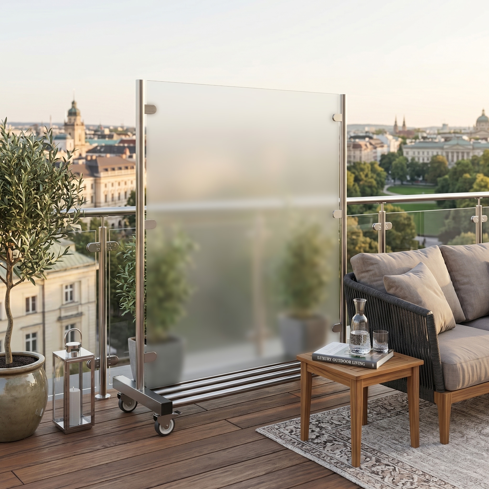 Windschutz mobil 190 cm breit mit satiniertem Glas