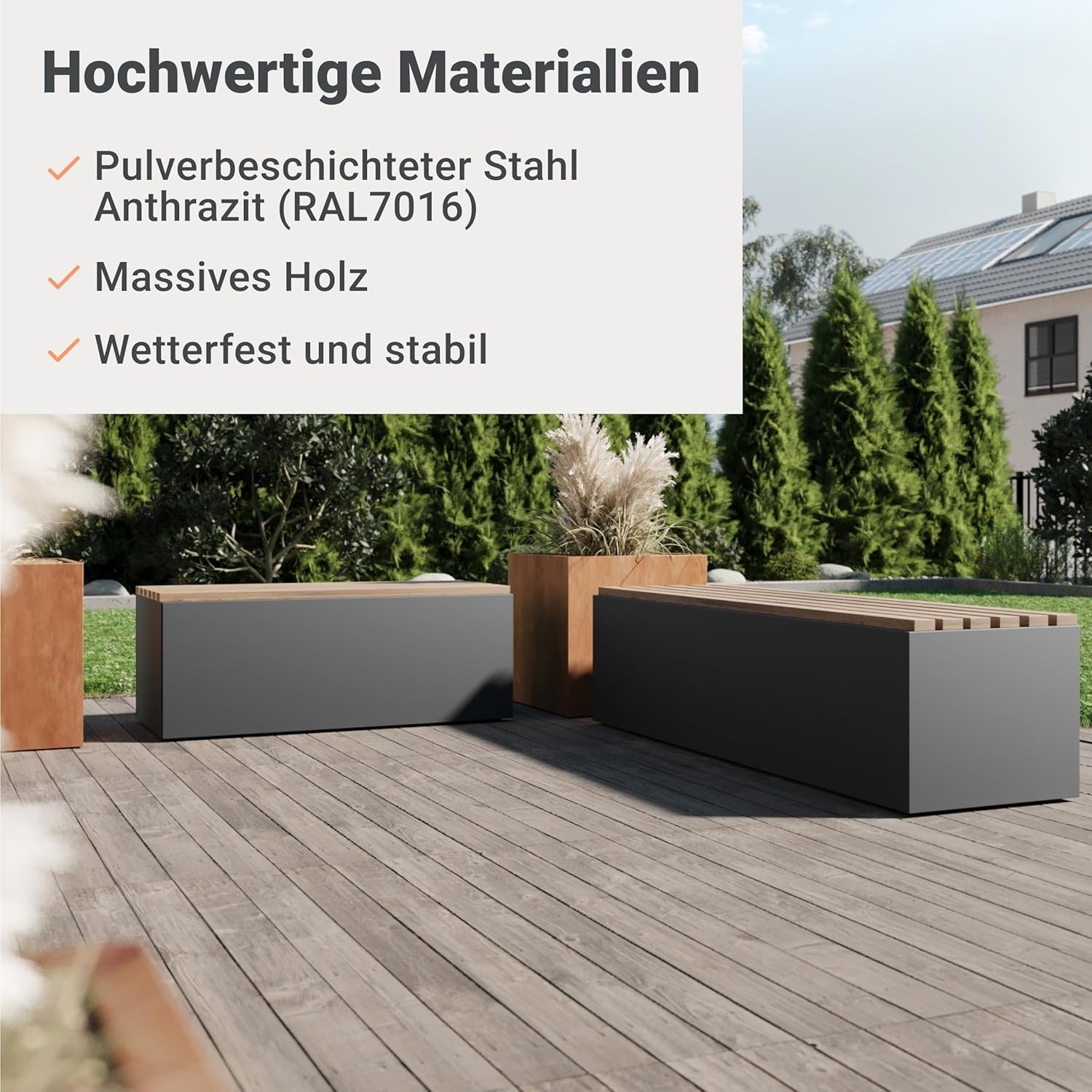 Sitzbank 185 cm breit aus beschichtetem Stahl und Holz