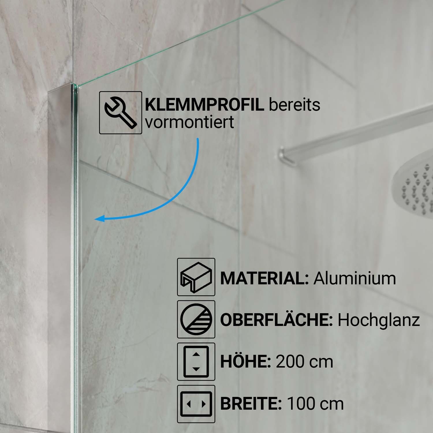 Walk-In Dusche AquaSplash | 120 cm x 200 cm | Hochglanz