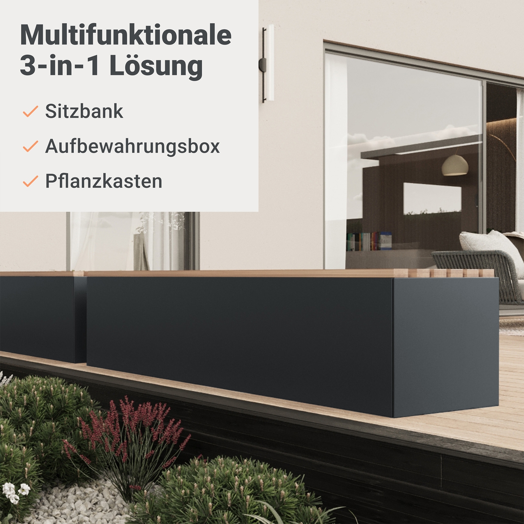 Sitzbank 185 cm breit aus beschichtetem Stahl und Holz