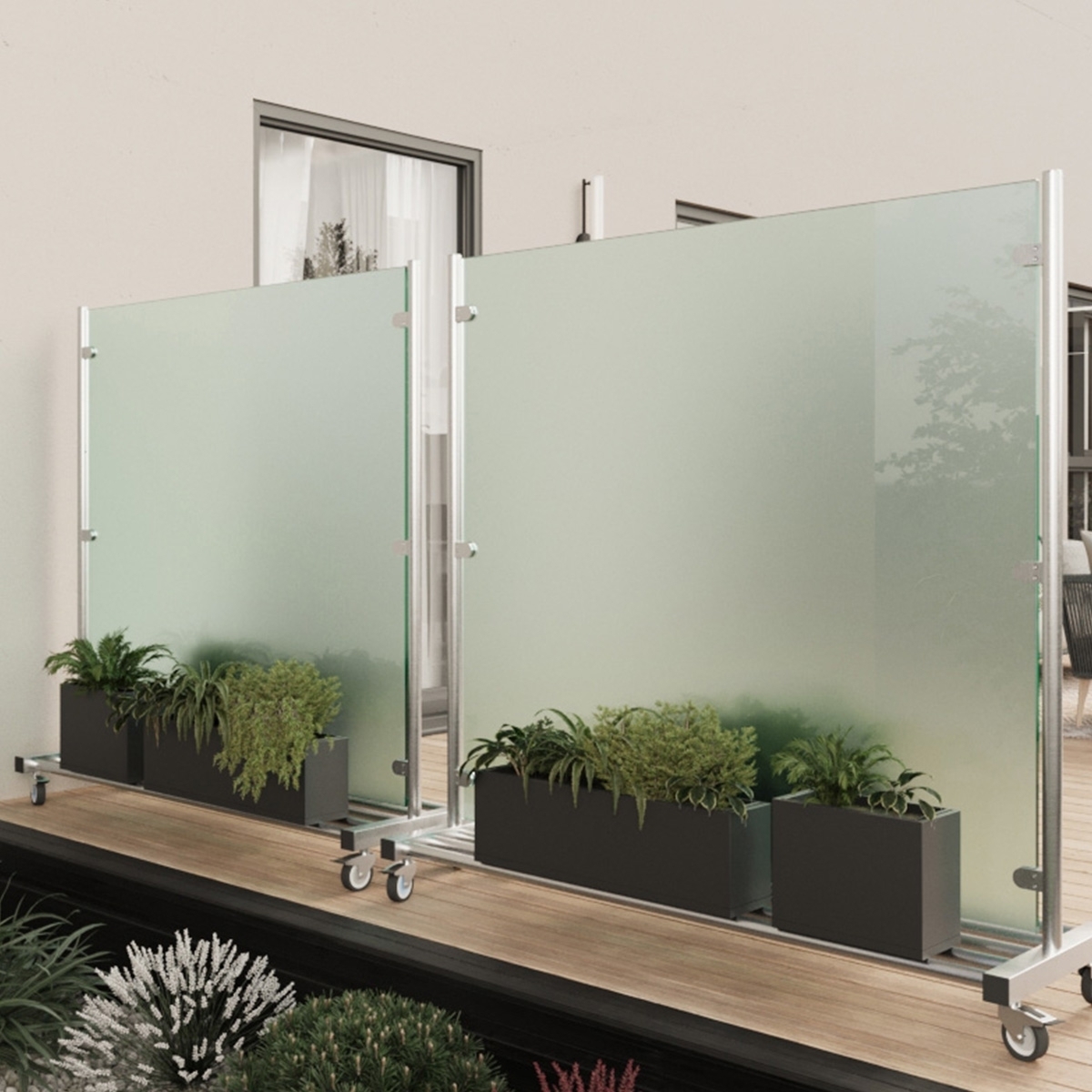 Windschutz mobil 190 cm breit mit satiniertem Glas