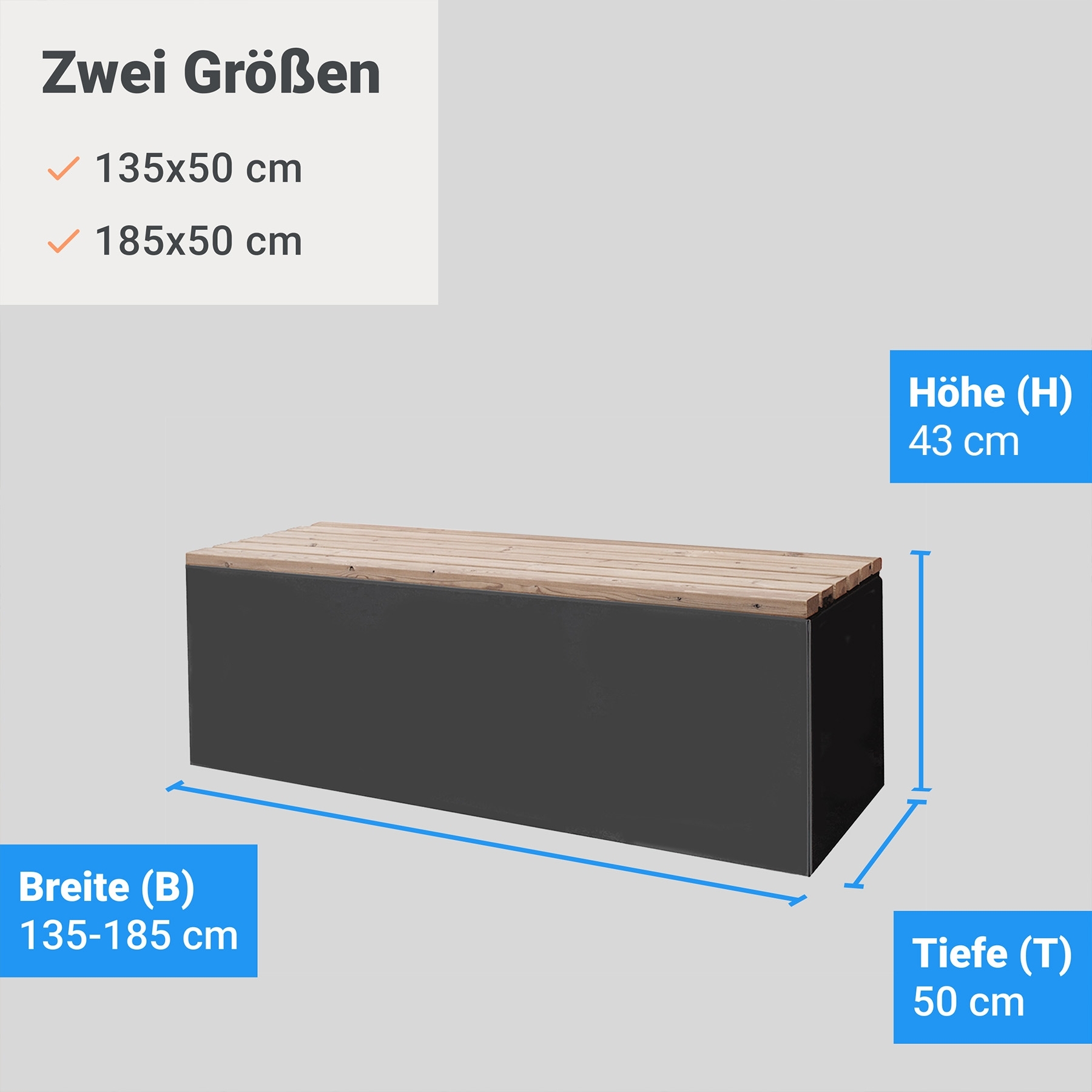 Sitzbank 185 cm breit aus beschichtetem Stahl und Holz