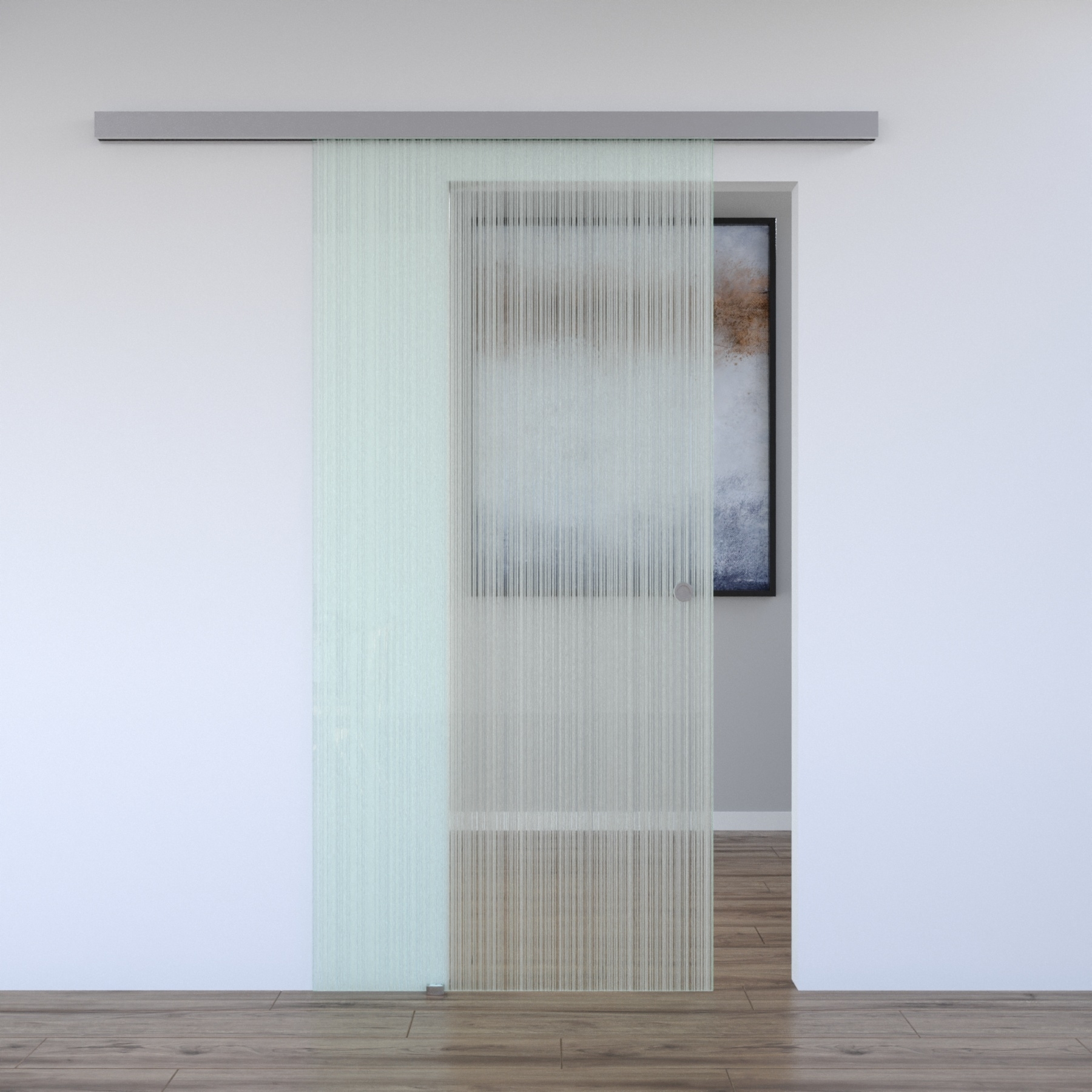 Schiebetür BASIC mit Softclose | in Edelstahloptik | 925 x 2170 mm | Komplettset mit Klarglas Muster "STRIPES DA"