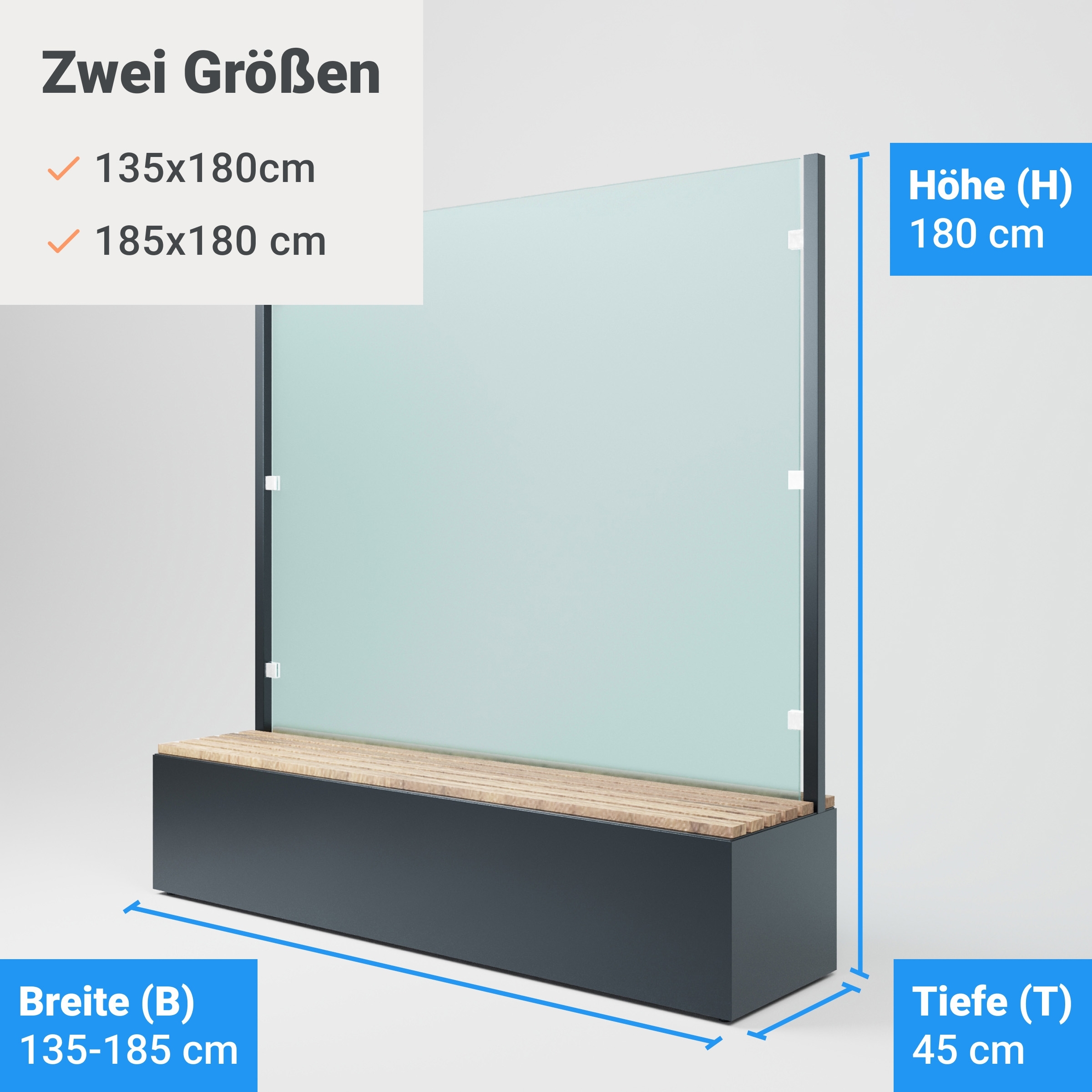 Sitzbank mit Sicht- & Windschutz | 185 cm breit | Klarglas satiniert