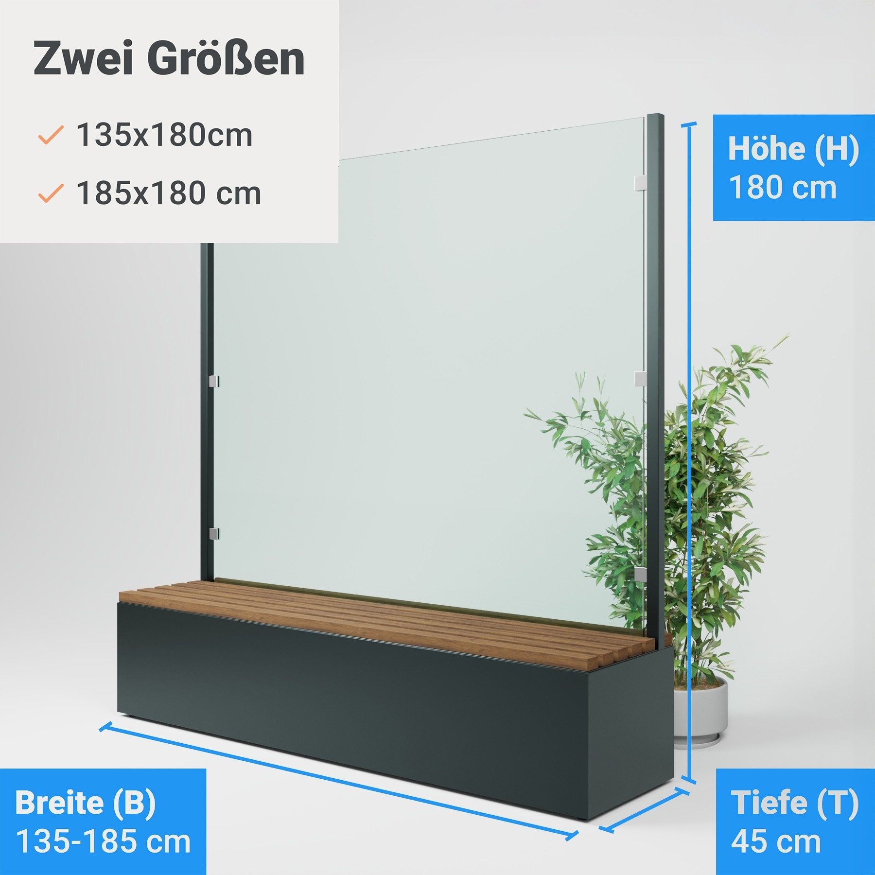 Sitzbank mit Sicht- & Windschutz | 185 cm breit | Klarglas