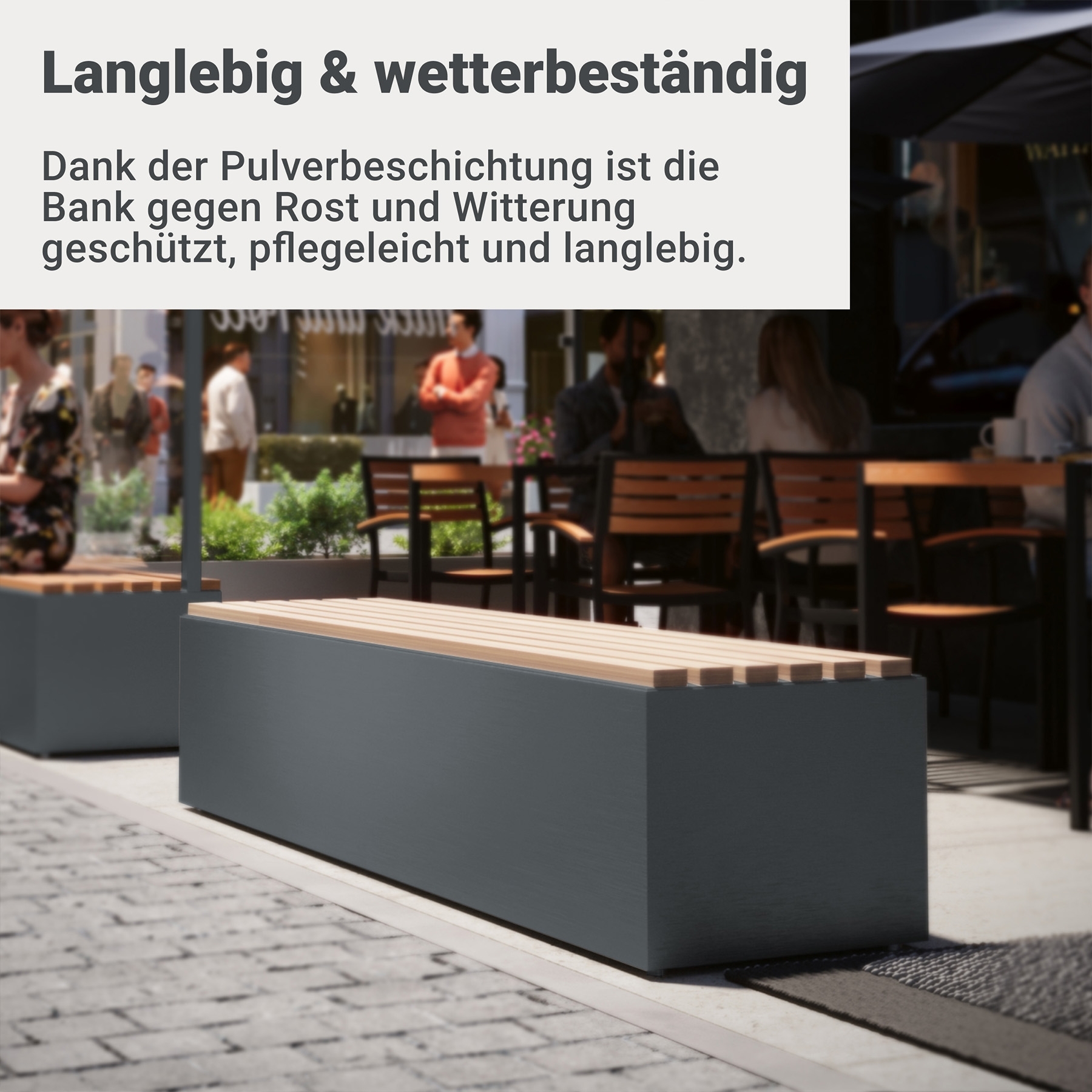 Sitzbank 185 cm breit aus beschichtetem Stahl und Holz